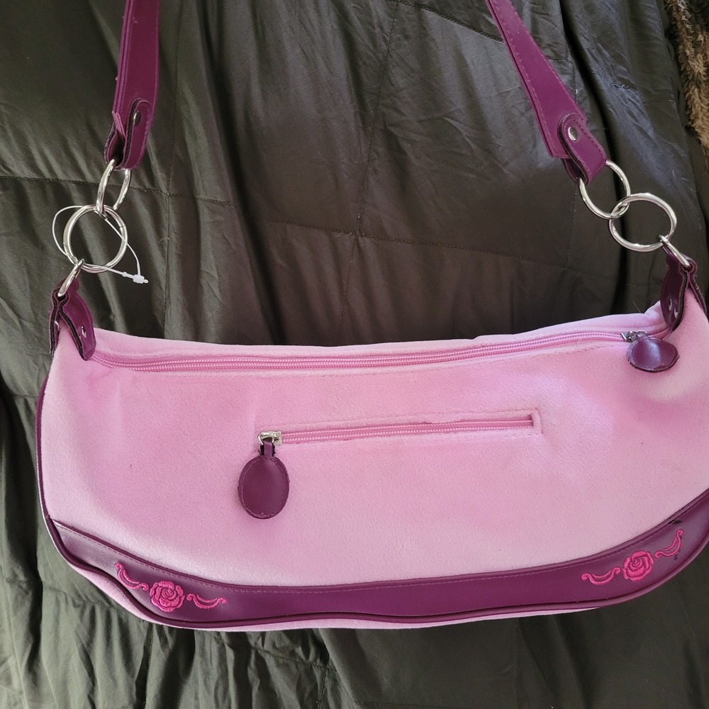 2006 Hello Kitty Pink Velour Shoulder Bag Plum Trim Rose Embroidery Y2K Sanrio - Picture 8 of 16